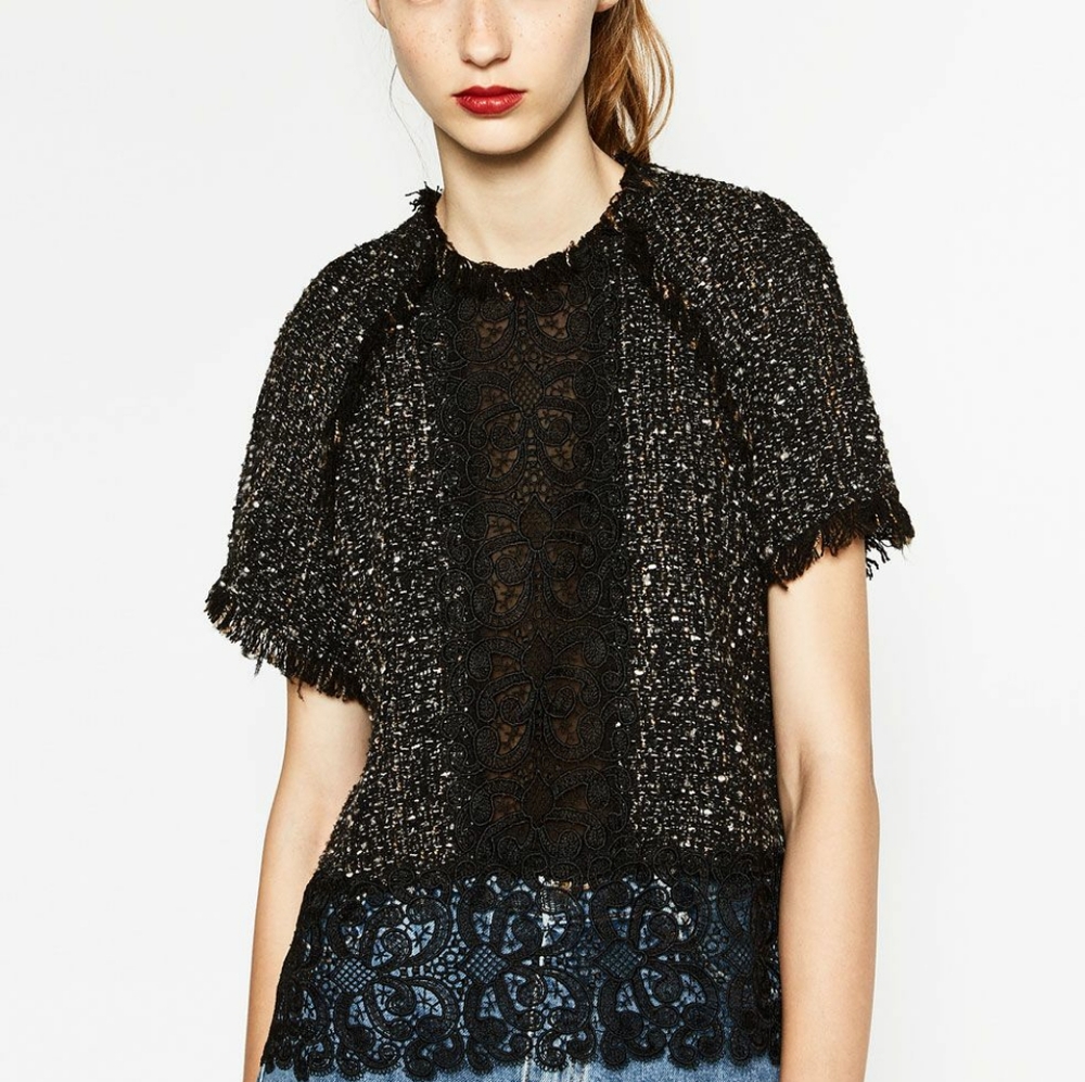 ZARA  Tweed Lace Top Short Sleeve Black Size S